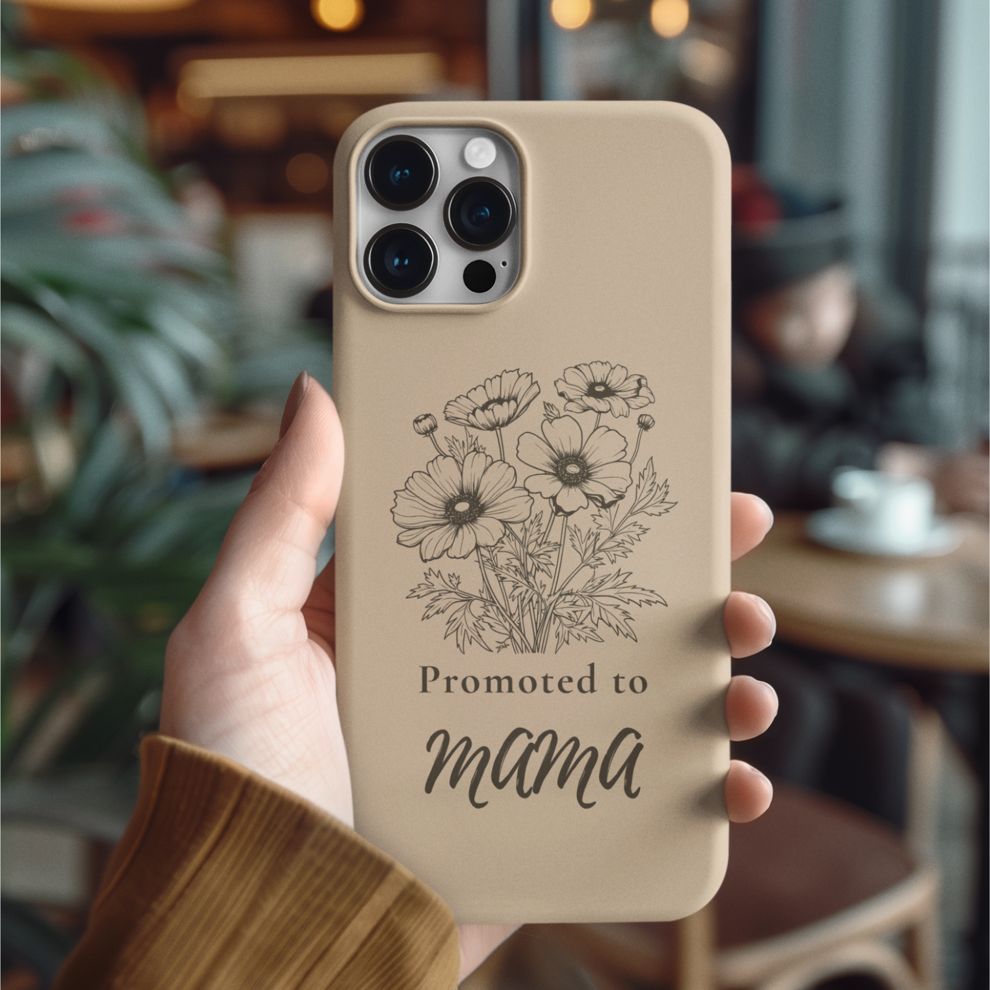 promoted to mama phone case with floral design, beige aesthetic iphone case held in hand, gift for new mom, Mamamuse Studio