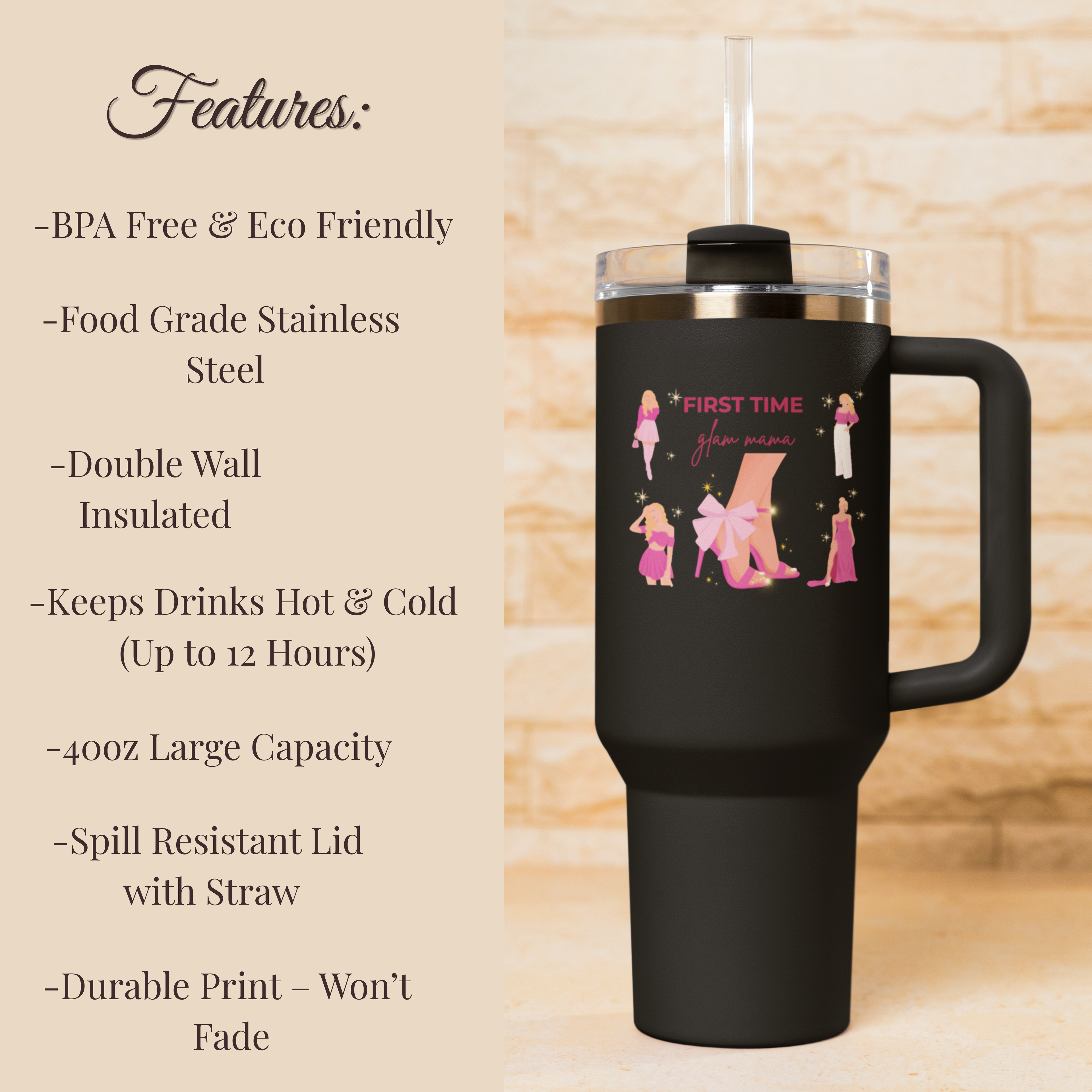 40oz insulated tumbler features including BPA free, stainless steel, hot and cold retention