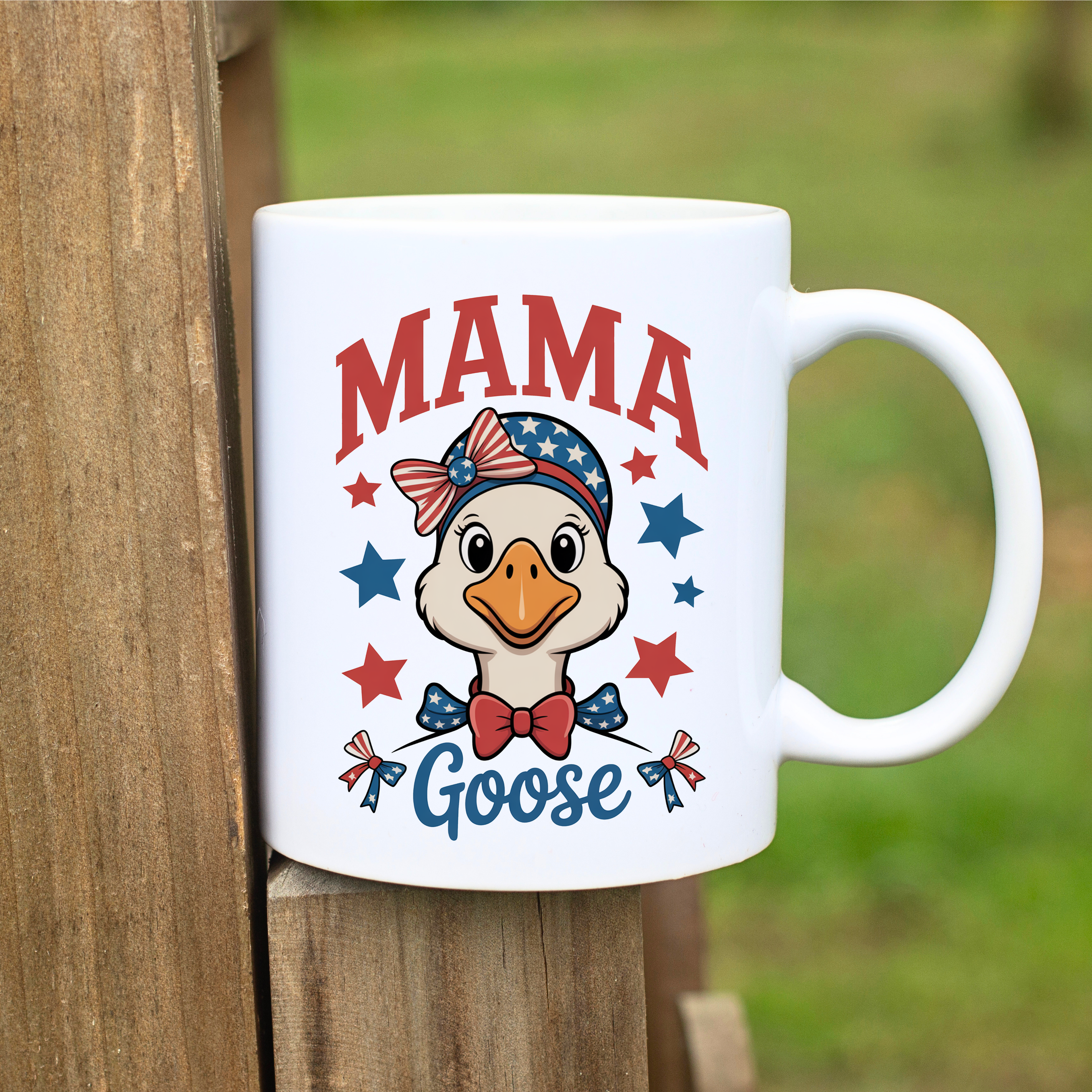 Patriotic Mama Goose coffee mug featuring red white and blue stars, perfect Independence Day gift