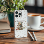 Book lover mom floral iPhone case standing on wooden table near coffee cup creating cozy motherhood vibe