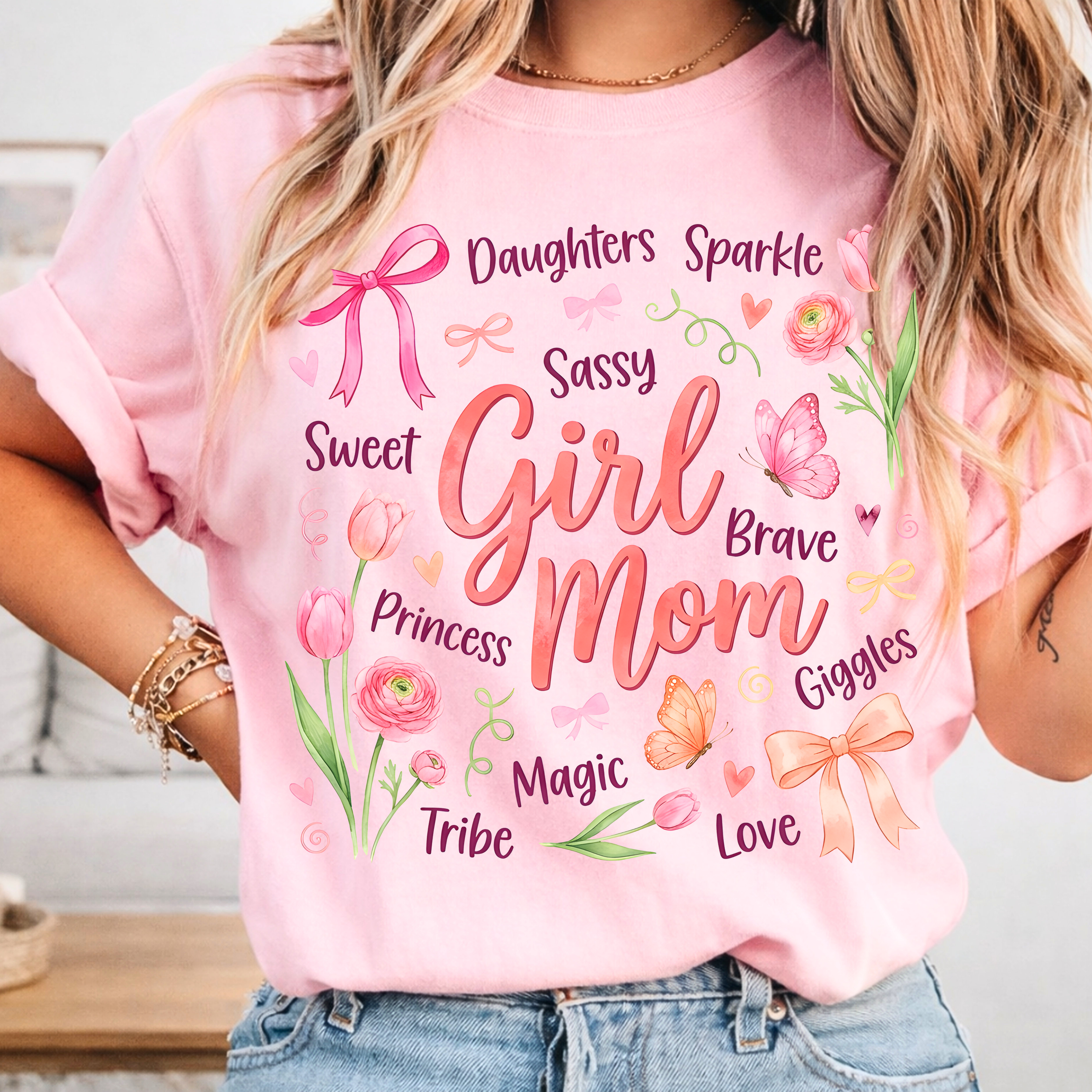 Girl Mom T-Shirt | Floral Pink Mama Tee for Moms