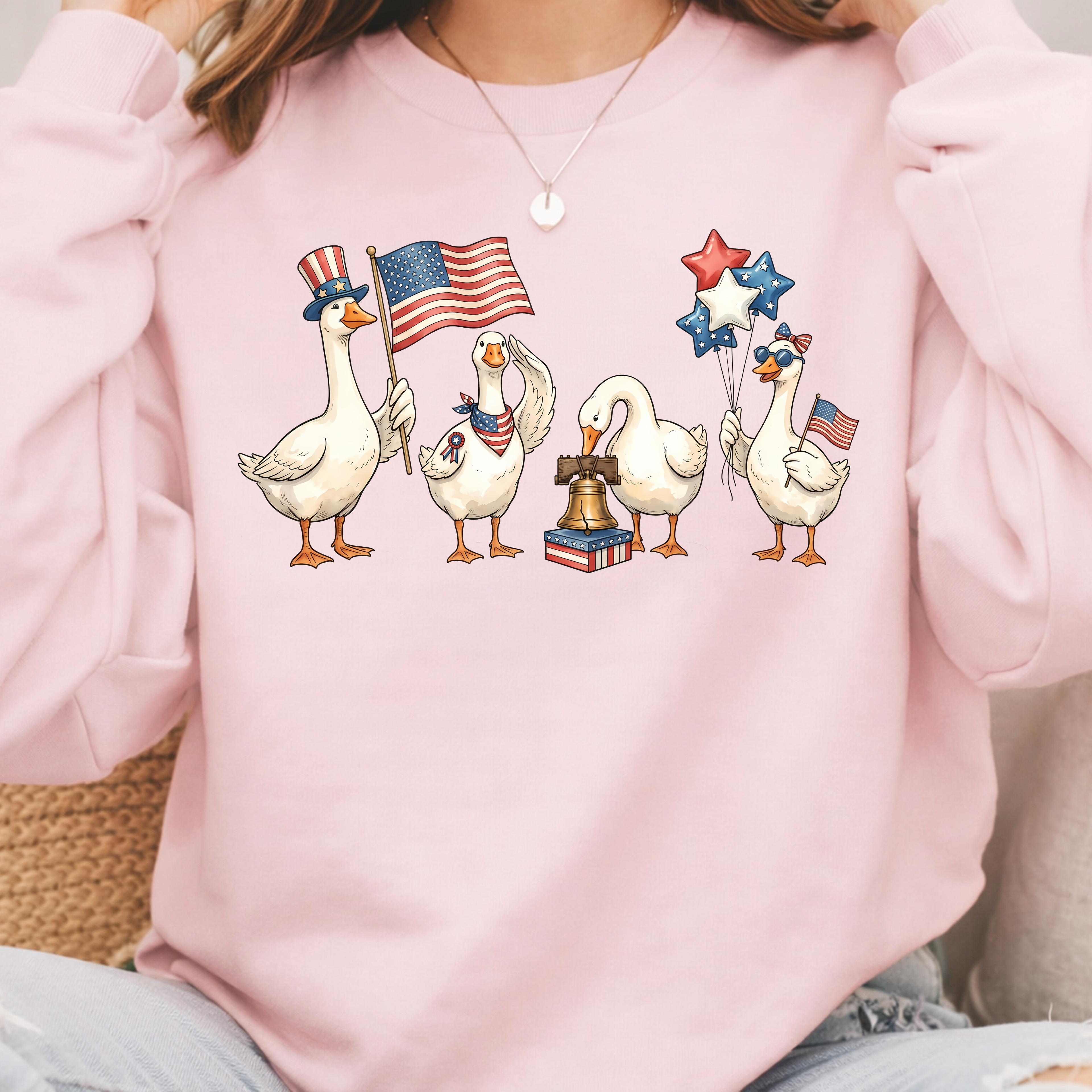 Patriotic Geese Crewneck Sweatshirt | American Flag Ducks & Stars Fourth of July Tee