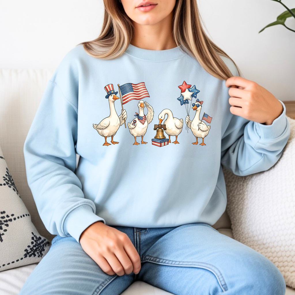 Patriotic Geese Crewneck Sweatshirt | American Flag Ducks & Stars Fourth of July Tee