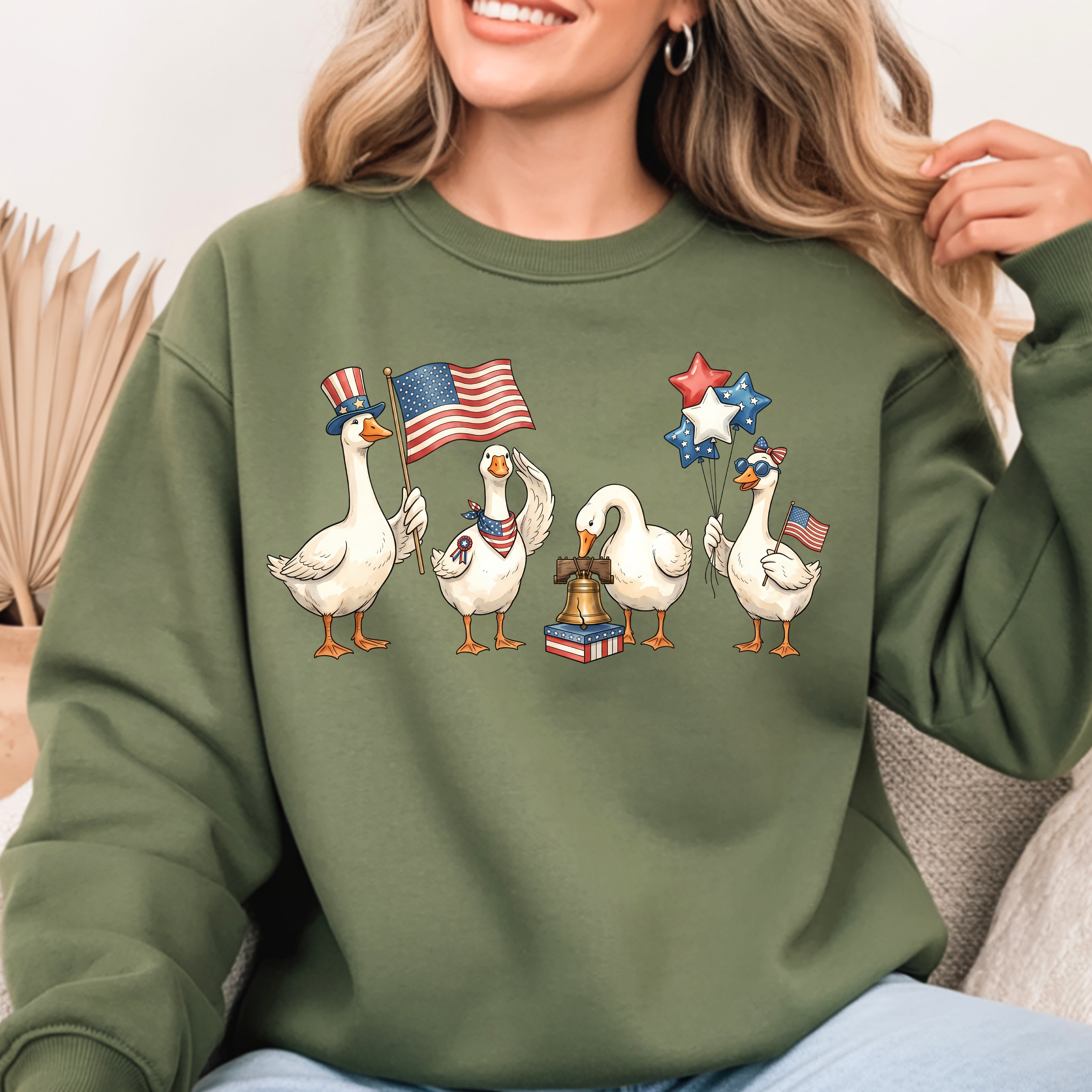 Patriotic Geese Crewneck Sweatshirt | American Flag Ducks & Stars Fourth of July Tee