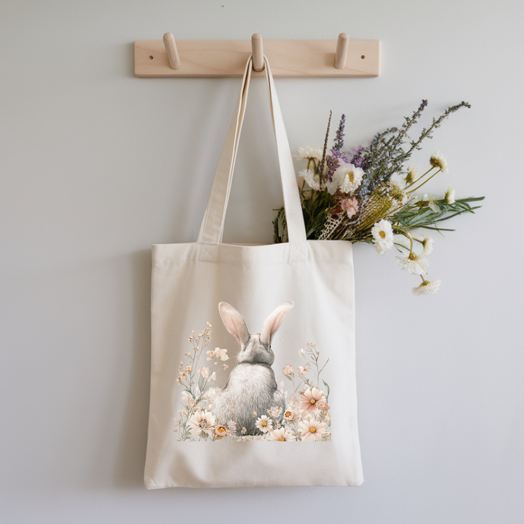 Tote — Watercolor Bunny Floral Canvas Tote Bag