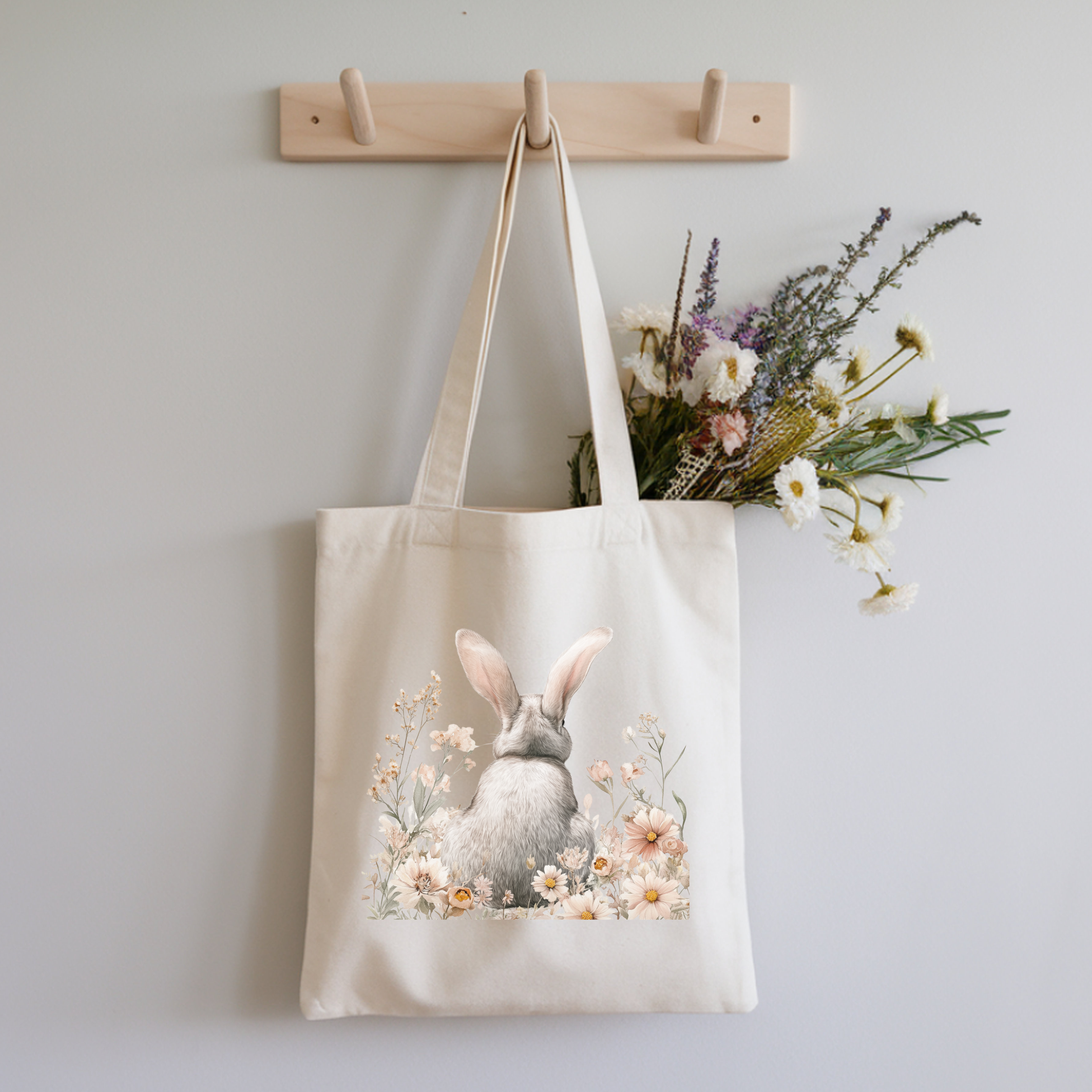 Tote — Watercolor Bunny Floral Canvas Tote Bag