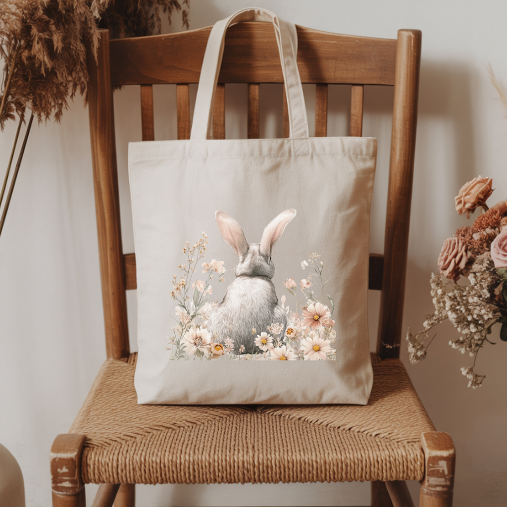 Tote — Watercolor Bunny Floral Canvas Tote Bag