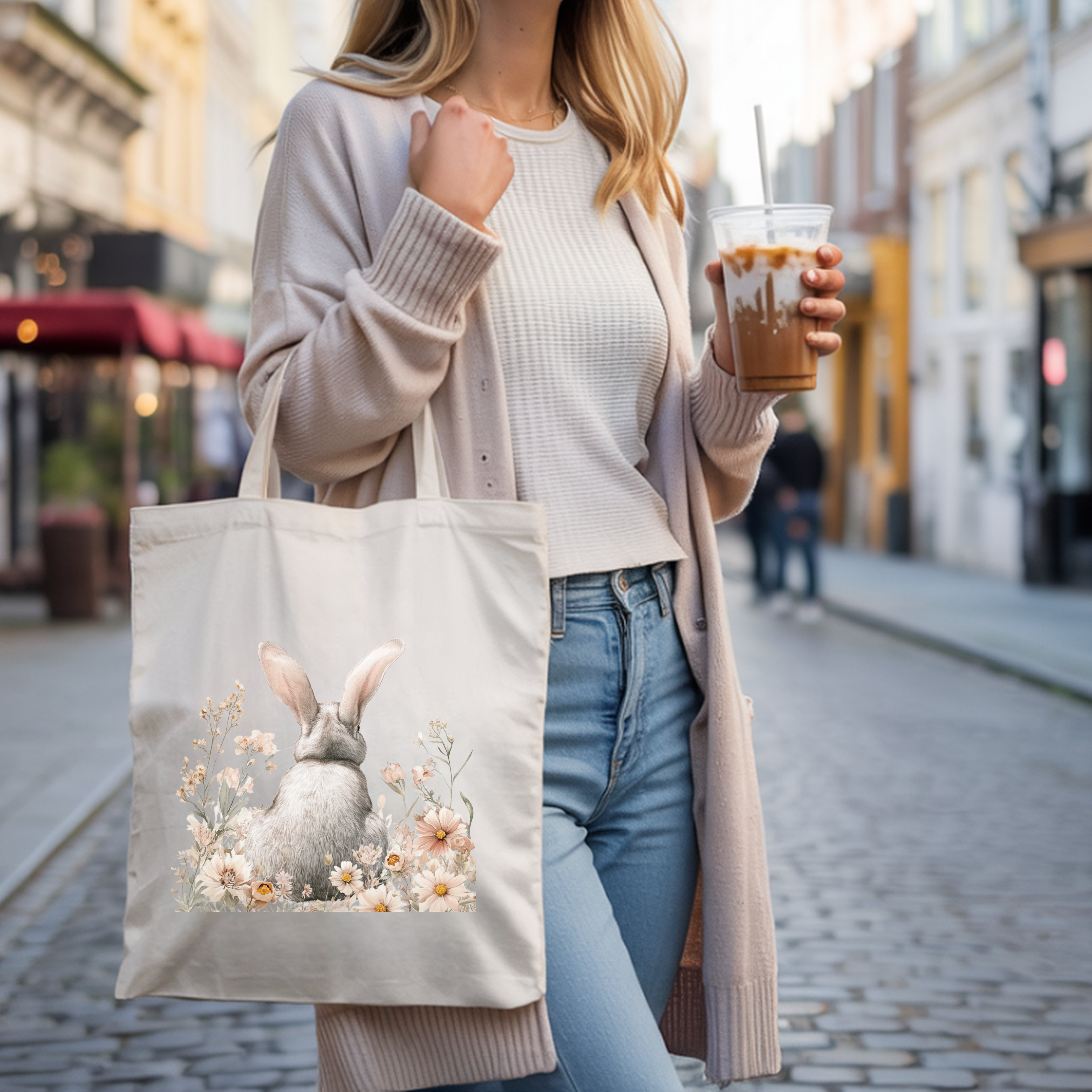Tote — Watercolor Bunny Floral Canvas Tote Bag