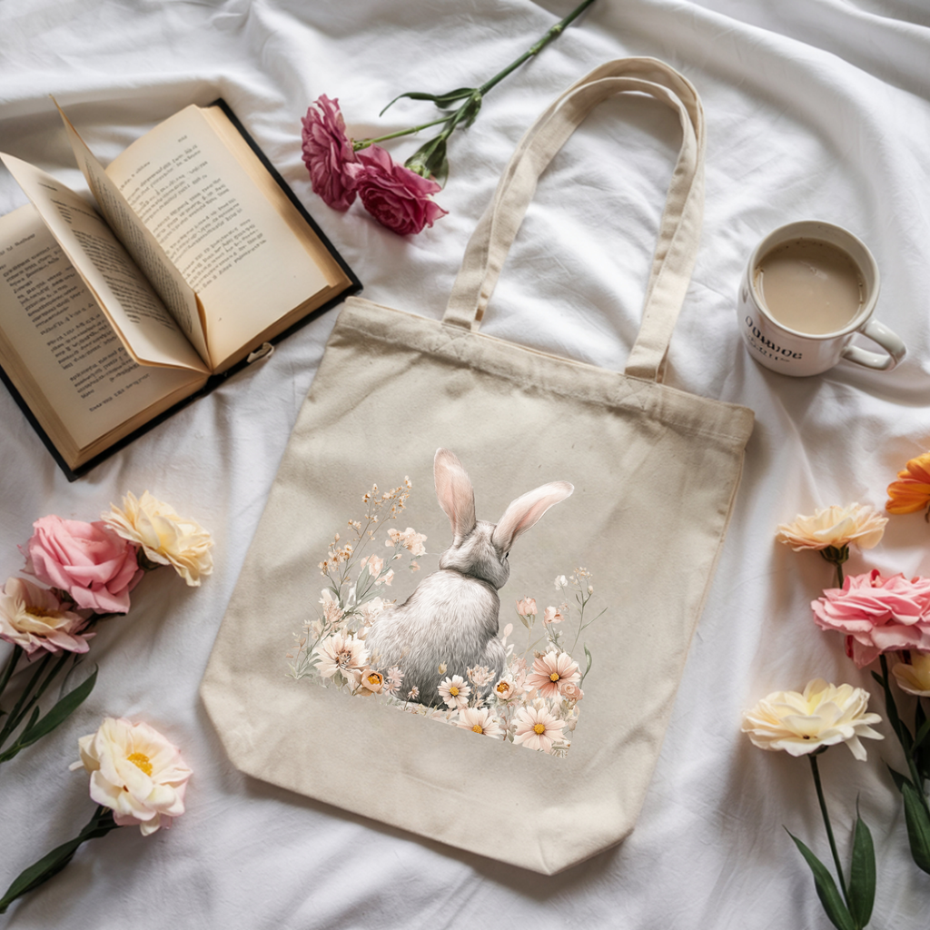 Tote — Watercolor Bunny Floral Canvas Tote Bag