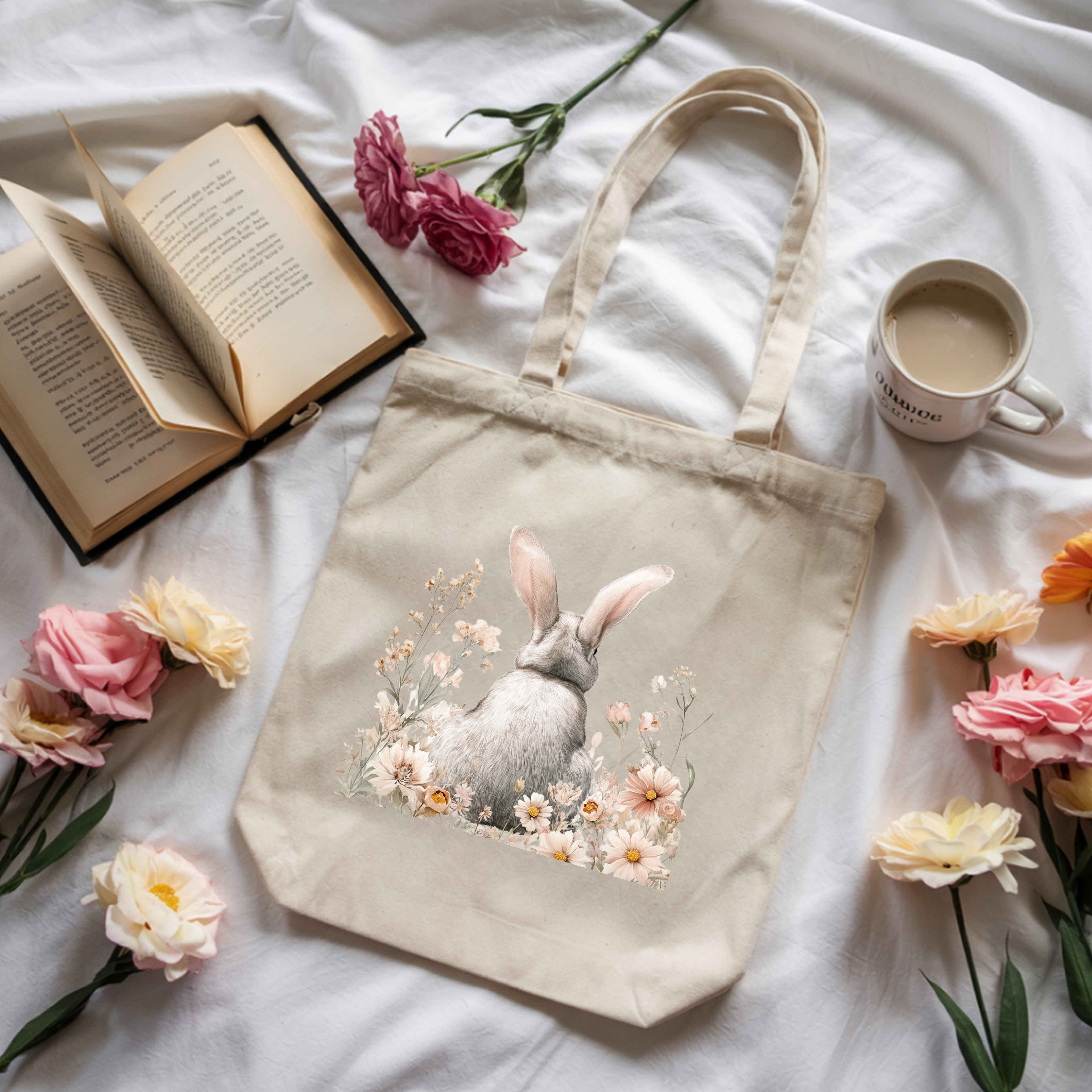 Tote — Watercolor Bunny Floral Canvas Tote Bag