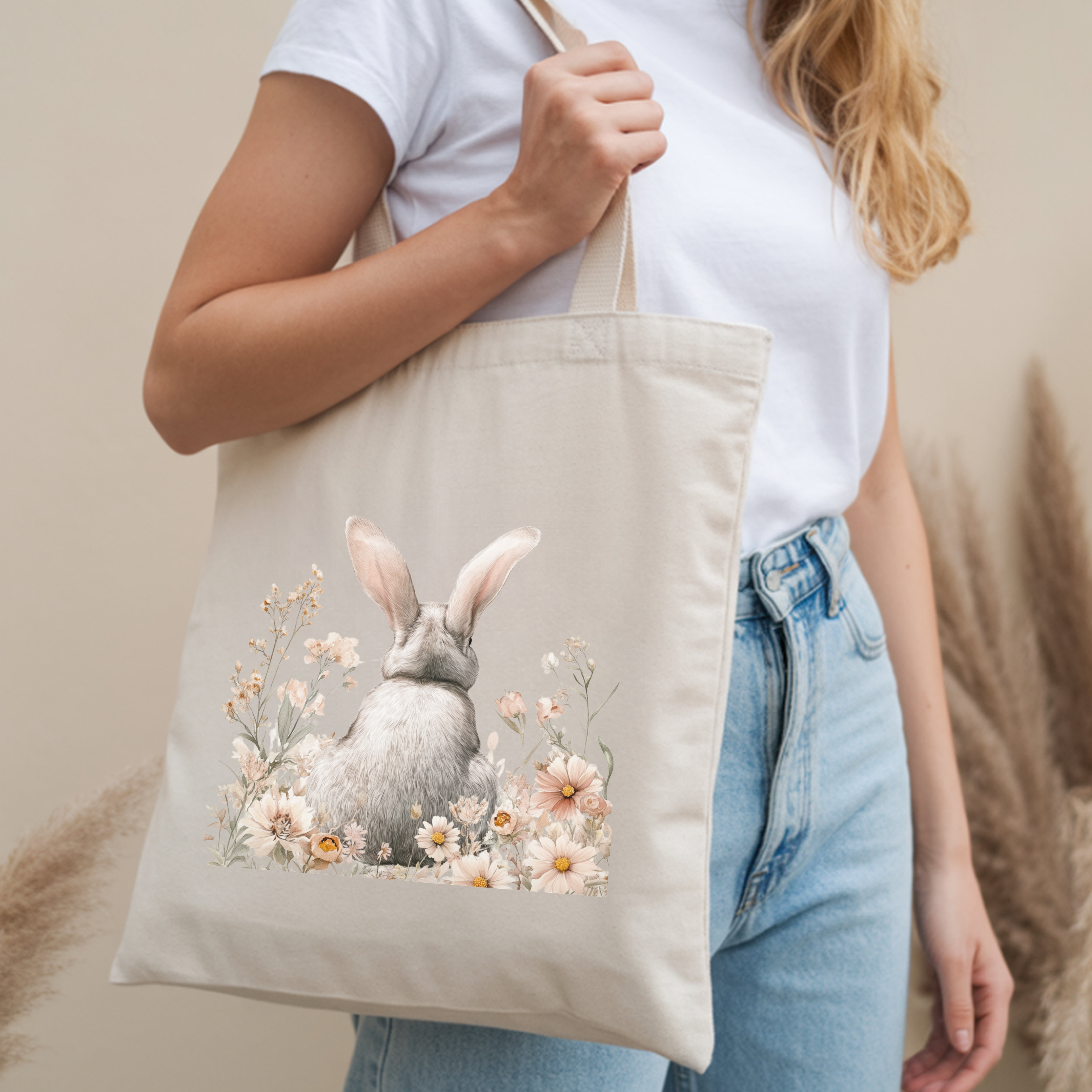 Tote — Watercolor Bunny Floral Canvas Tote Bag