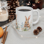 Aesthetic bunny mug on coffee table, cozy spring coffee setup, cute mug for daily use, bunny design cup