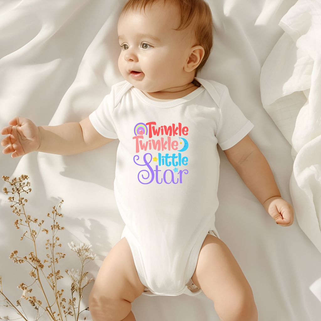 Baby wearing twinkle twinkle little star onesie cute newborn outfit lifestyle image