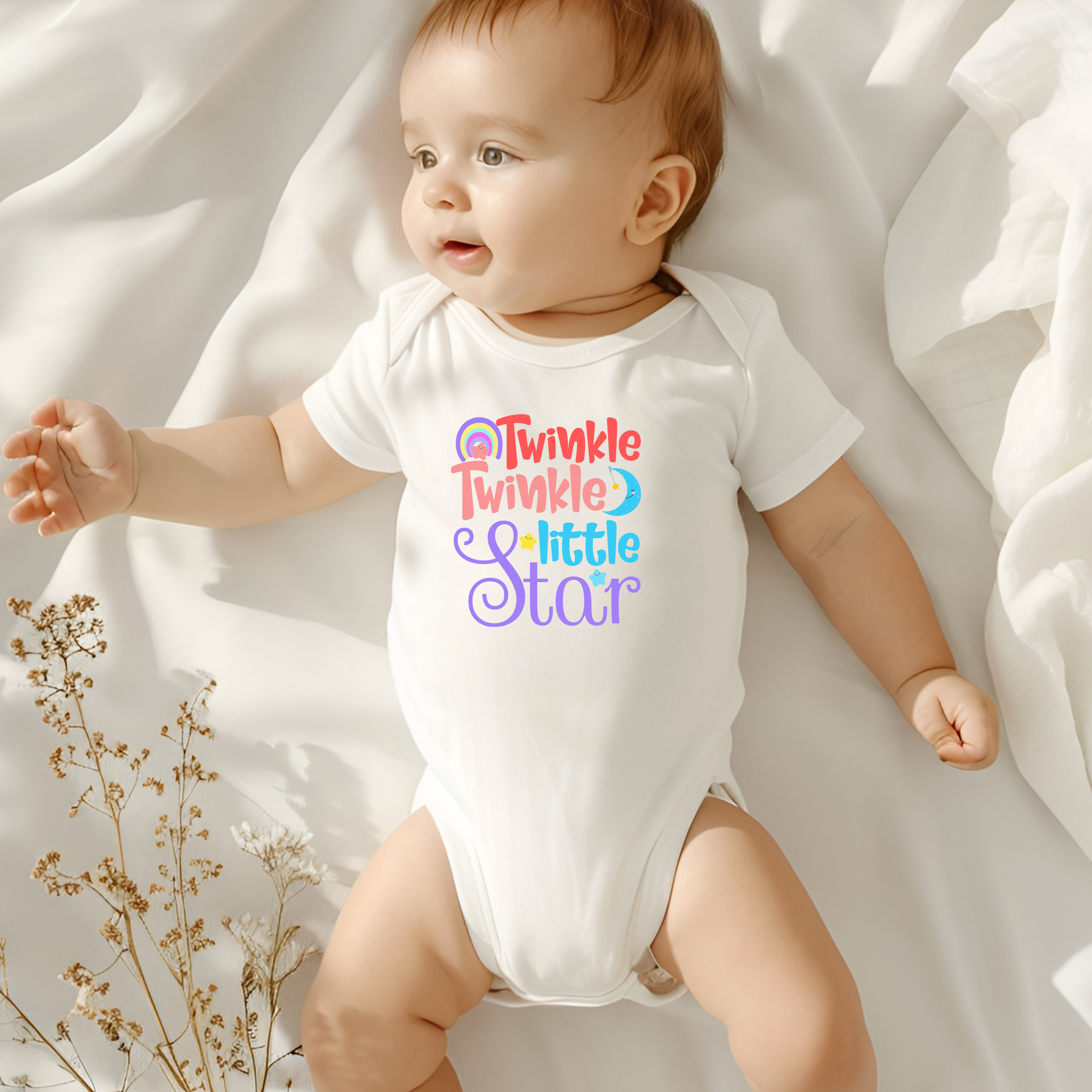 Baby wearing twinkle twinkle little star onesie cute newborn outfit lifestyle image