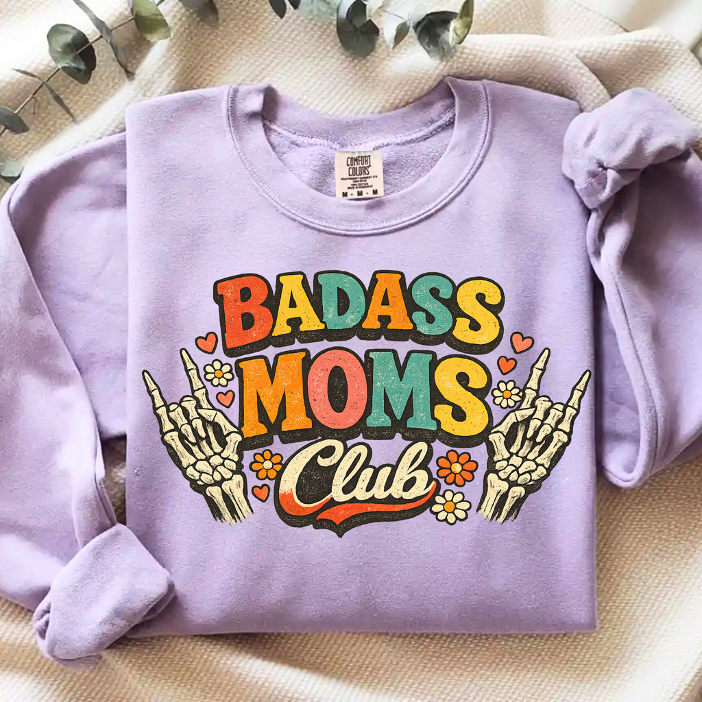 Orchid Badass Moms Club sweatshirt flat lay, stylish Mother’s Day gift for moms