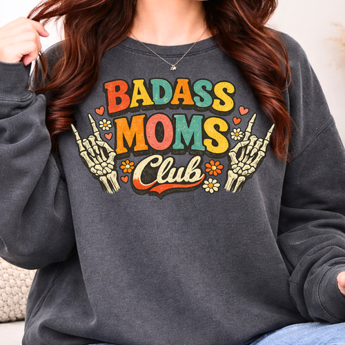 Badass Moms Club sweatshirt in pepper color, cool mom outfit aesthetic crewneck