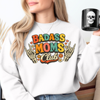 Badass Moms Club sweatshirt in white worn by woman, trendy Mother’s Day gift for mom