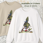Nature bird sweatshirt available in beige and white color options, cozy botanical design crewneck