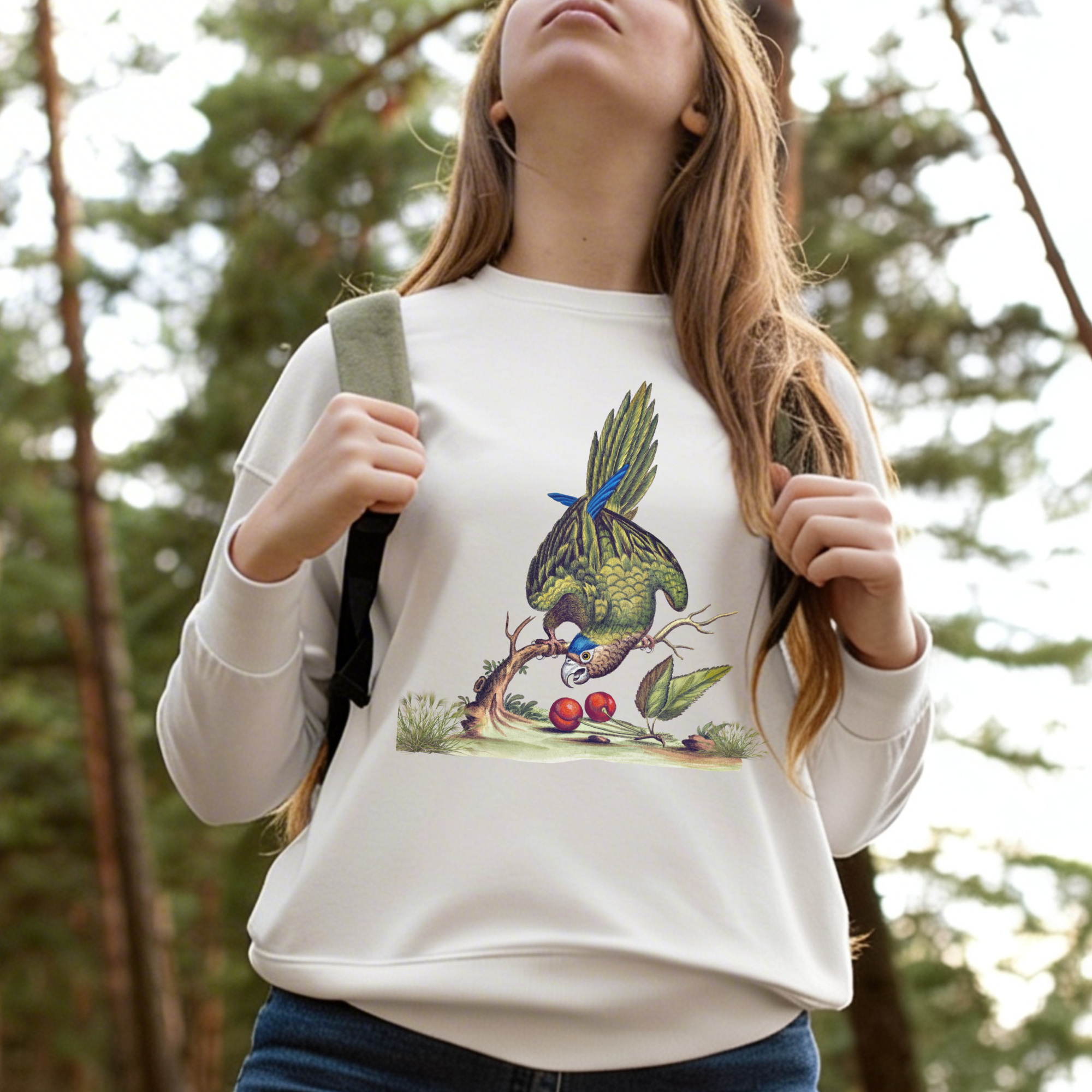 Front view of bird graphic sweatshirt on woman, cozy aesthetic nature inspired outfit