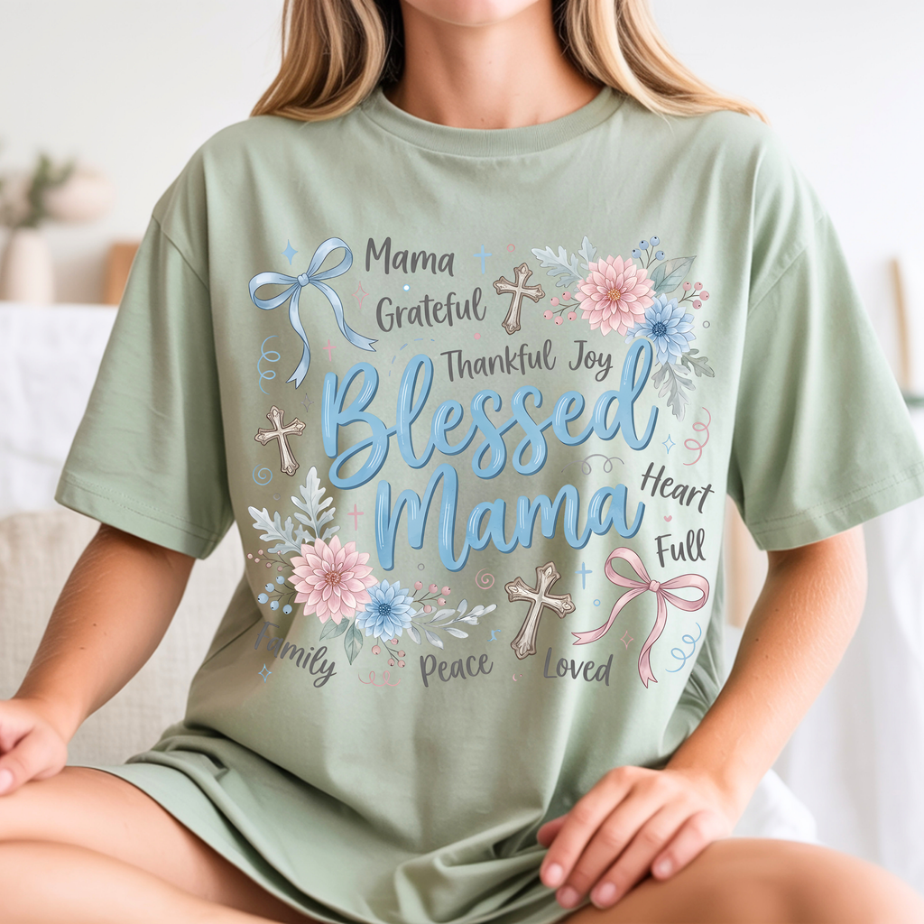 Bay Blessed Mama t-shirt with floral cross design for faith based mom outfit