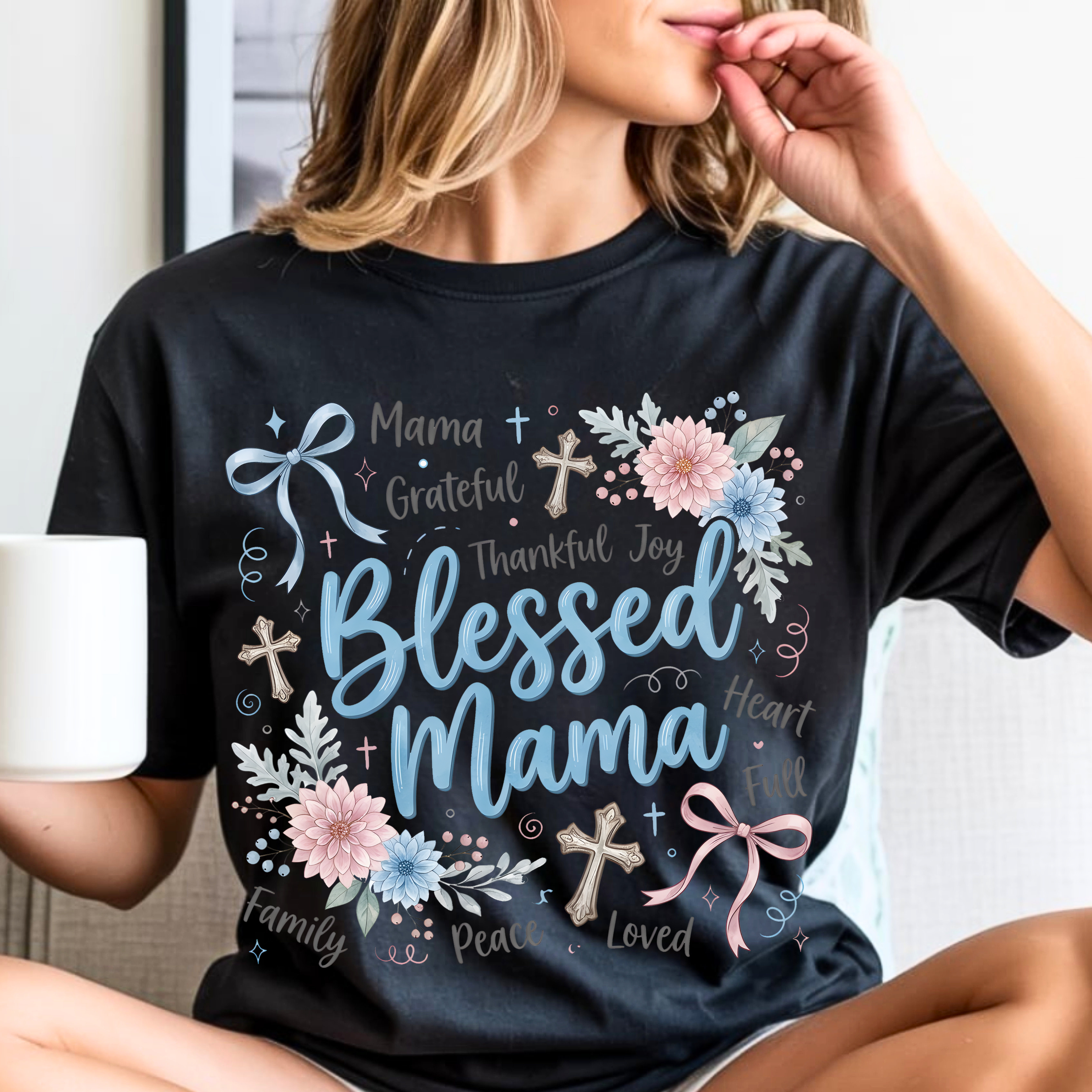 Black Blessed Mama t-shirt with vibrant floral typography Christian mom gift