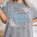 Grey Blessed Mama t-shirt faith based apparel with grateful thankful blessed quote