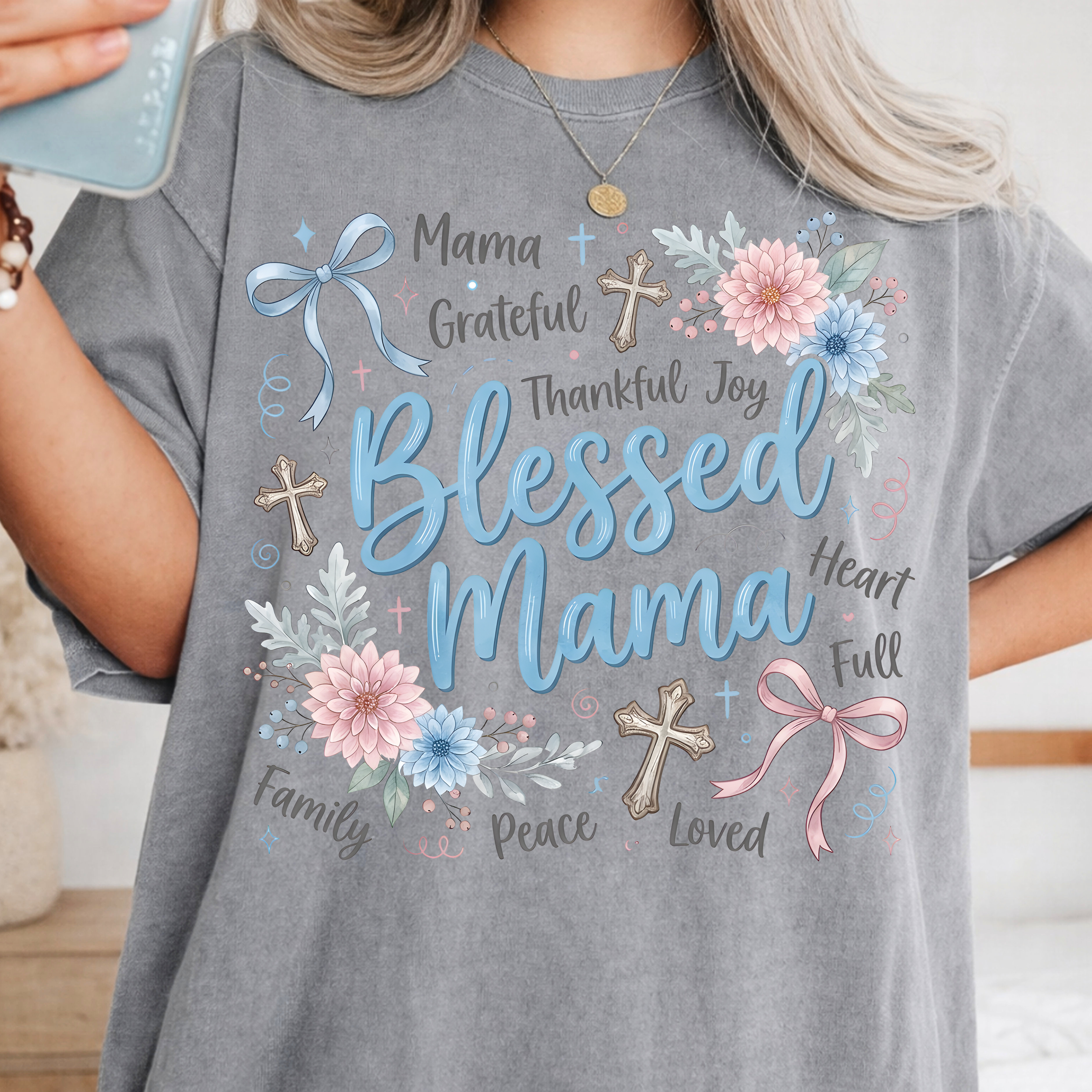 Grey Blessed Mama t-shirt faith based apparel with grateful thankful blessed quote
