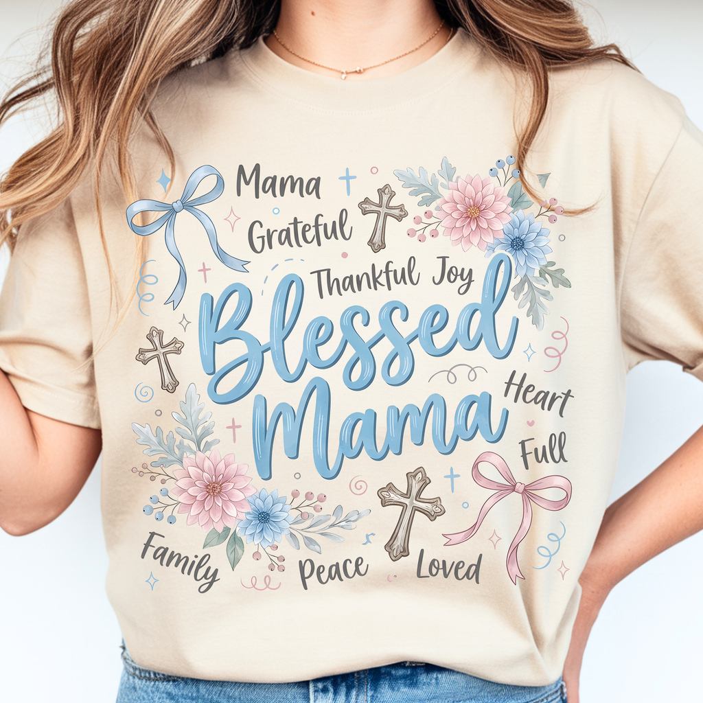 Blessed Mama t-shirt with floral design and Christian quote for Mother's Day gift