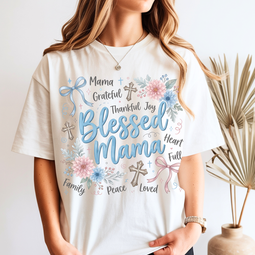 White Blessed Mama t-shirt with grateful thankful blessed design for Christian mom