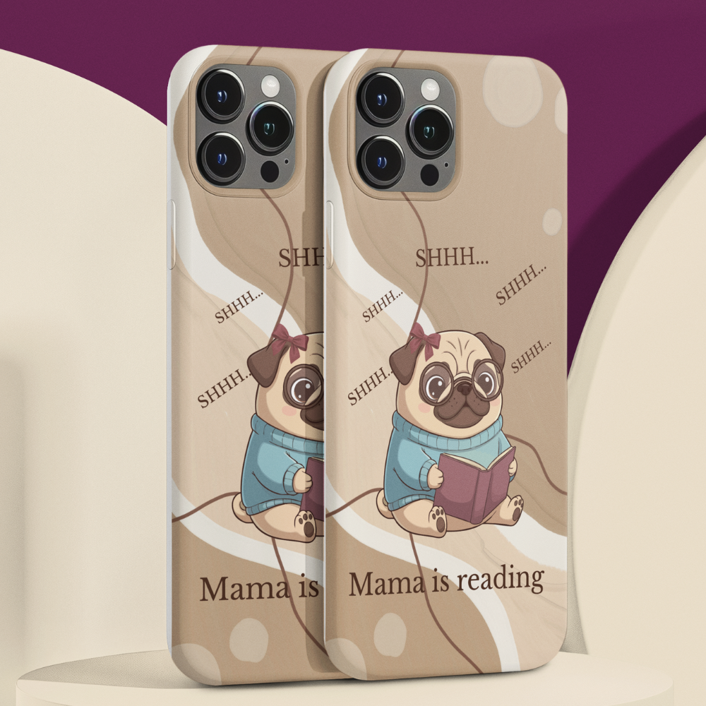 Cute pug reading book phone case available for multiple iPhone models, gift for dog lover moms