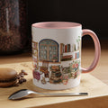 Cozy book lover mom ceramic mug with pink handle on wooden table, aesthetic coffee mug gift for moms