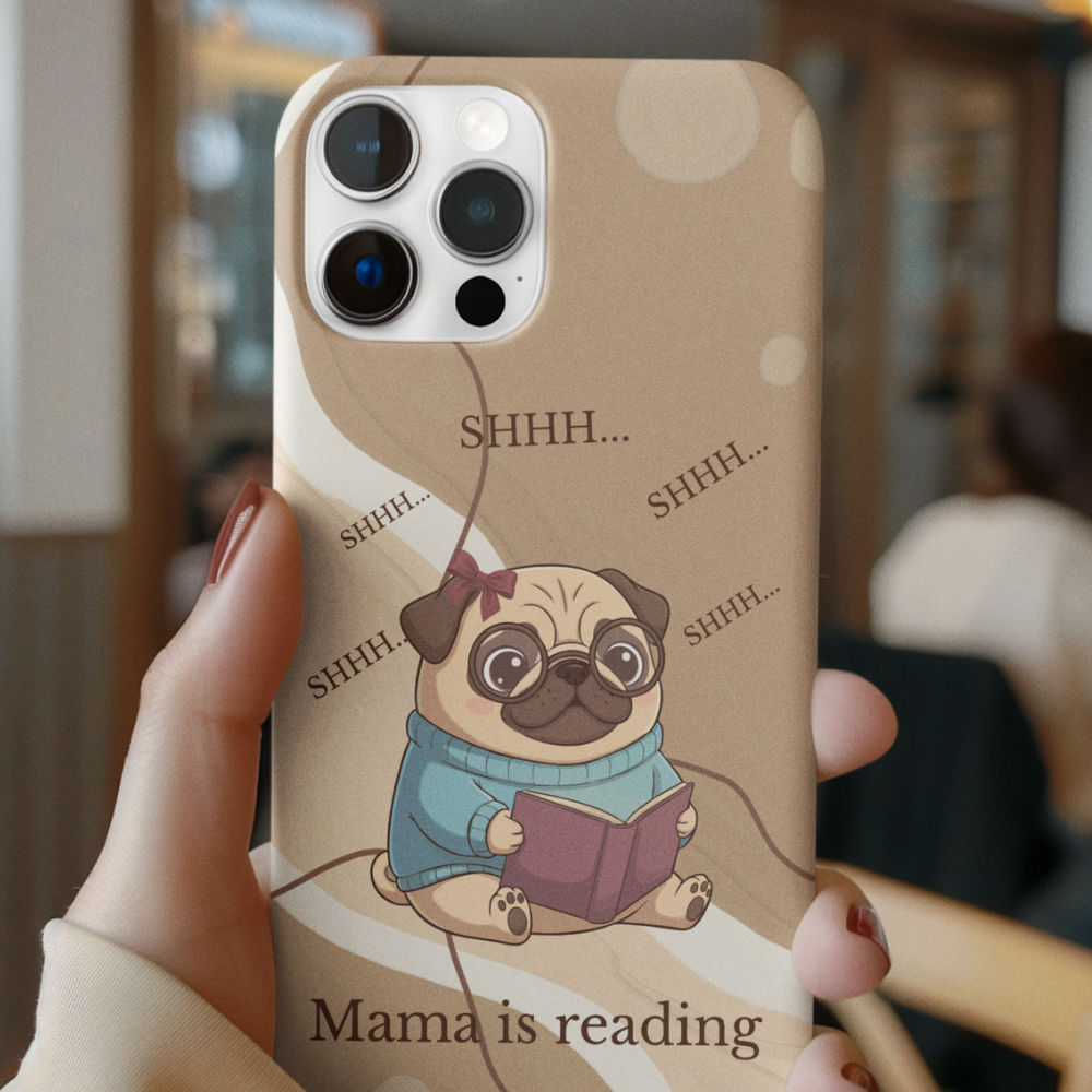 Woman holding phone with cute book lover pug iPhone case, aesthetic mom gift idea