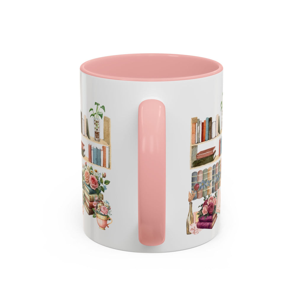 Full wrap design of book lover mom ceramic mug with pink interior, cozy reading theme drinkware