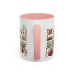 Full wrap design of book lover mom ceramic mug with pink interior, cozy reading theme drinkware