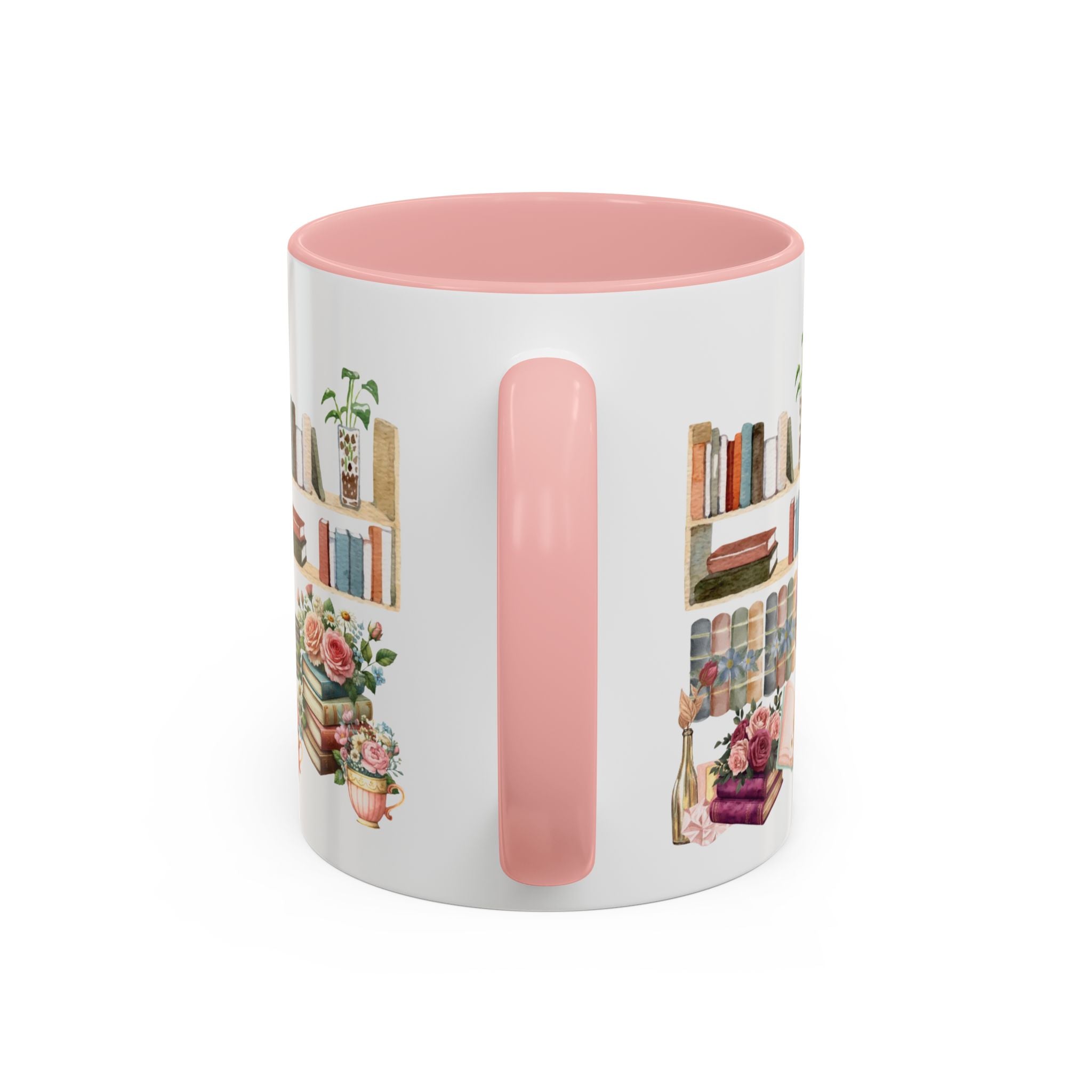 Full wrap design of book lover mom ceramic mug with pink interior, cozy reading theme drinkware