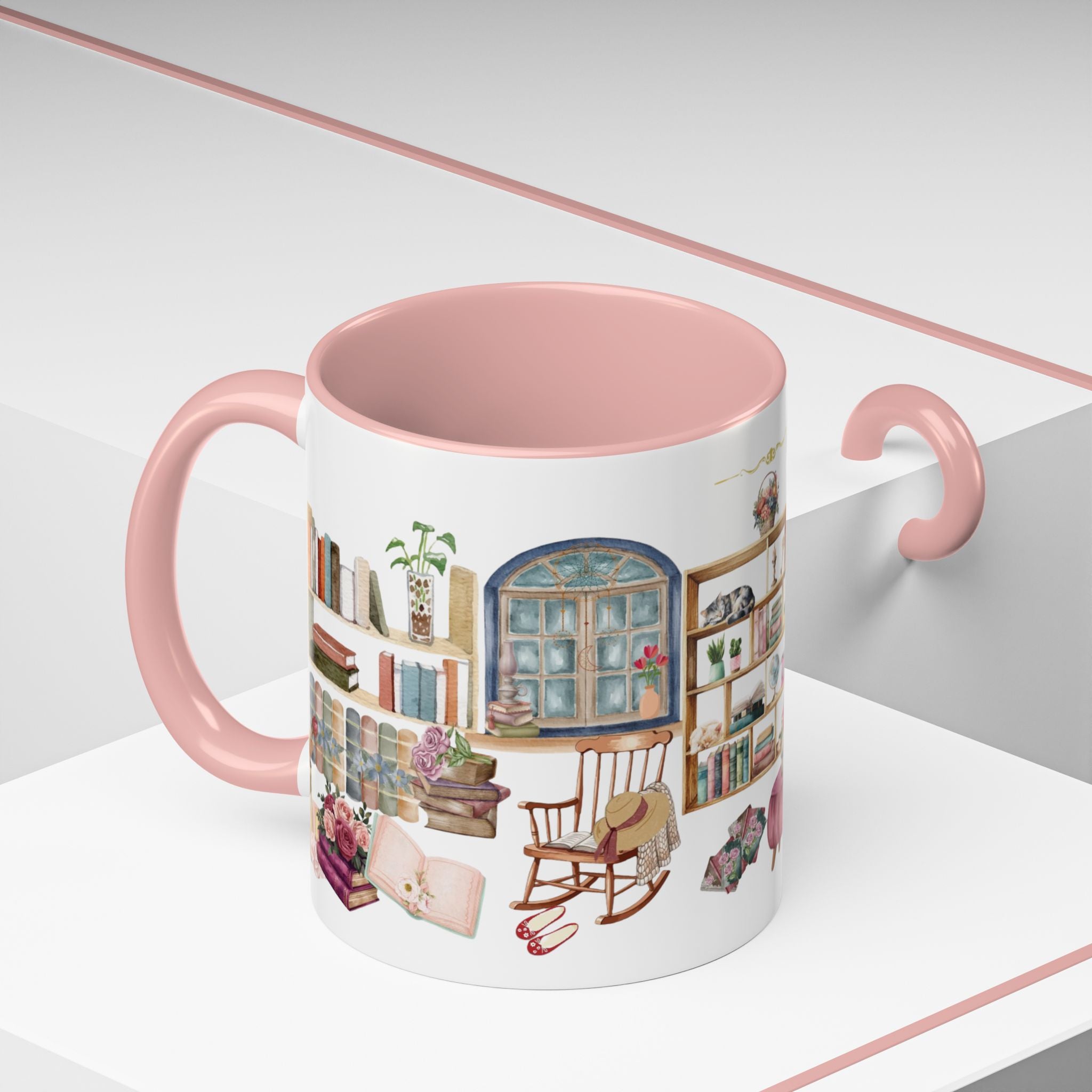 Cute pink ceramic coffee mug with bookshelf and reading corner design, perfect birthday or Mother’s Day gift for moms