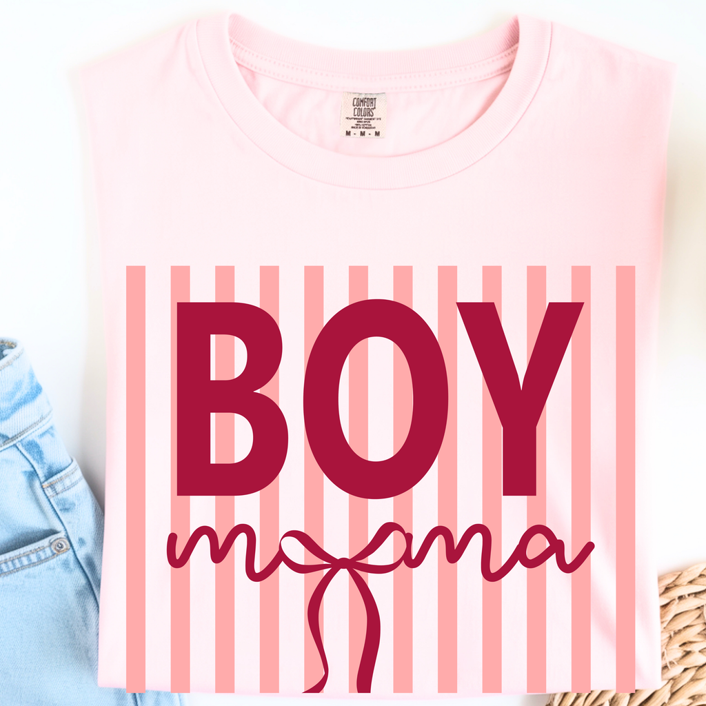 Folded Blossom Boy Mama graphic t-shirt flat lay product image