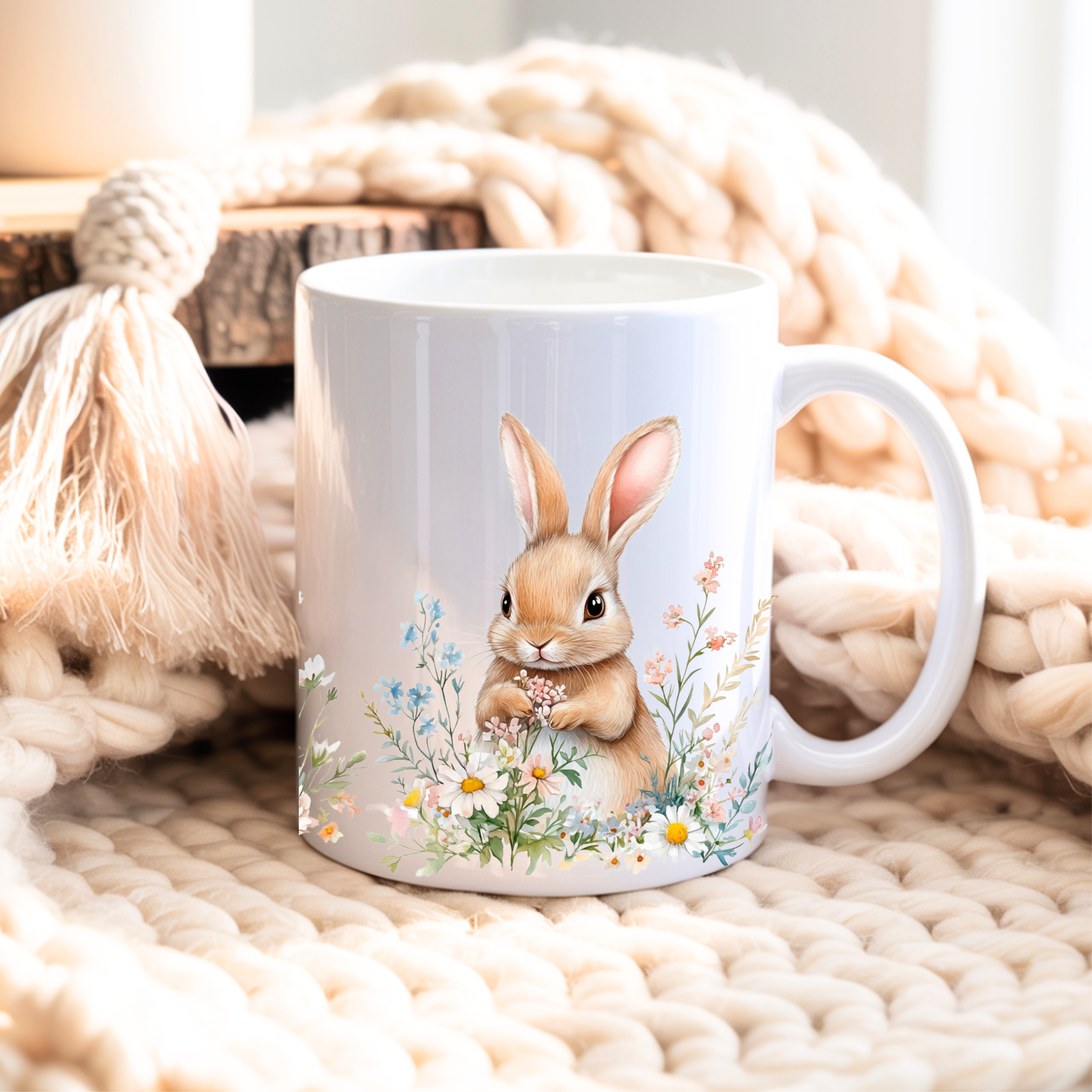 Bunny coffee mug with cozy background, spring mug gift idea, cute animal mug for women, aesthetic coffee cup