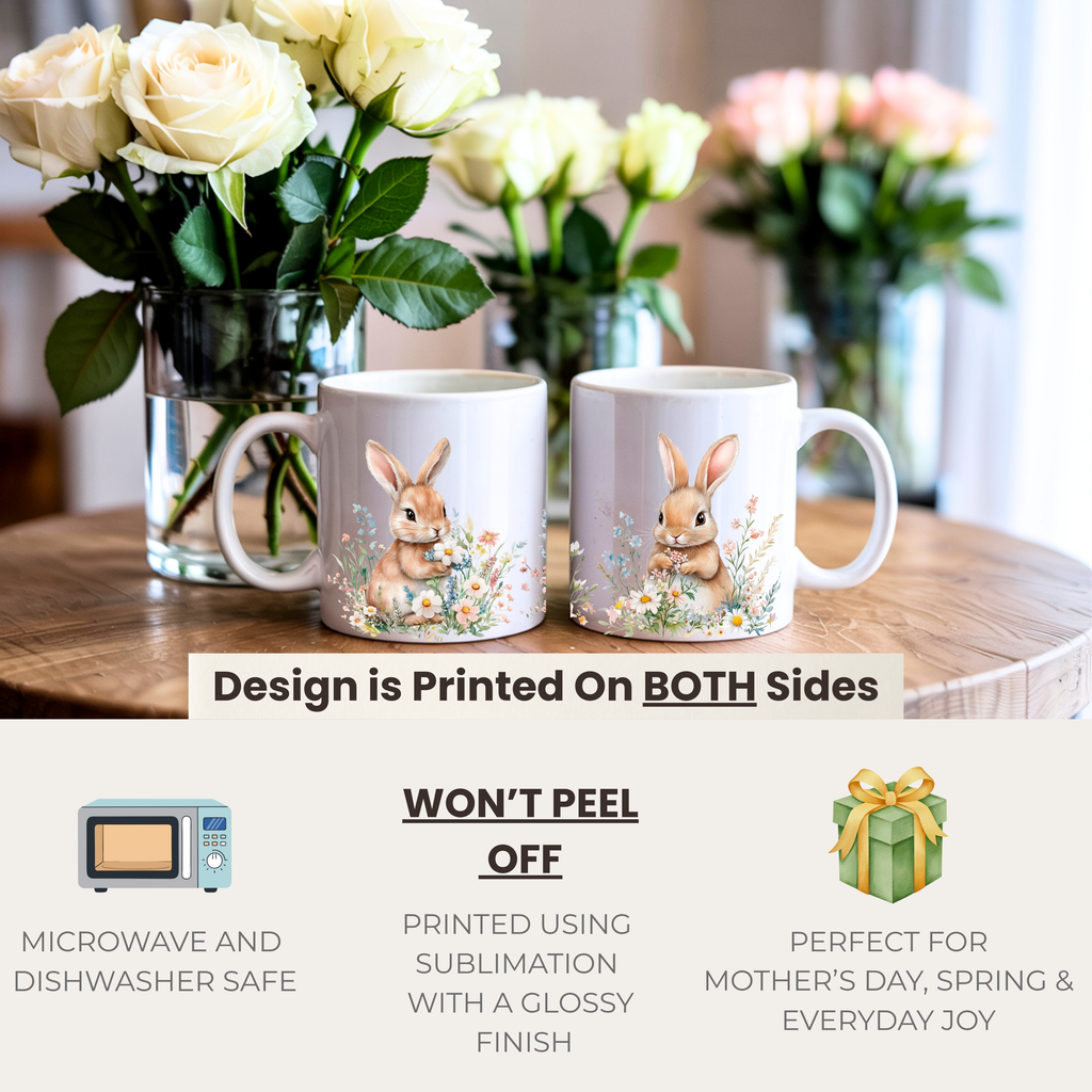 Bunny mug product details image, cute spring mug features, gift mug for women, aesthetic bunny coffee mug