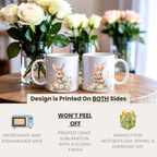 Bunny mug product details image, cute spring mug features, gift mug for women, aesthetic bunny coffee mug