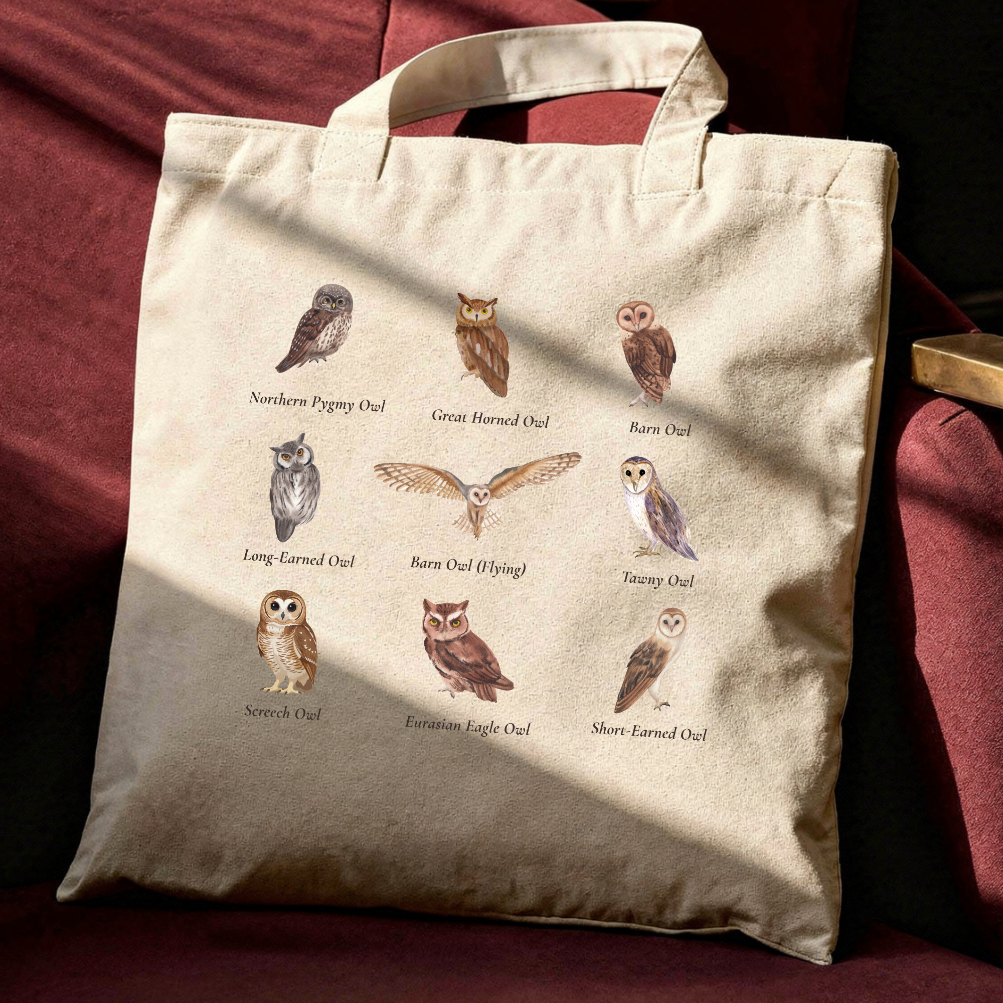 Canvas tote bag with owl print design in cottagecore aesthetic style, reusable and eco-friendly shopping bag