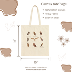 Canvas tote bag size guide showing 15x16 inch dimensions, durable cotton fabric and everyday carry capacity