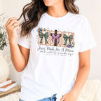 Christian mama t shirt featuring Jesus Made Her A Mama quote with floral bows and cross design on white shirt.