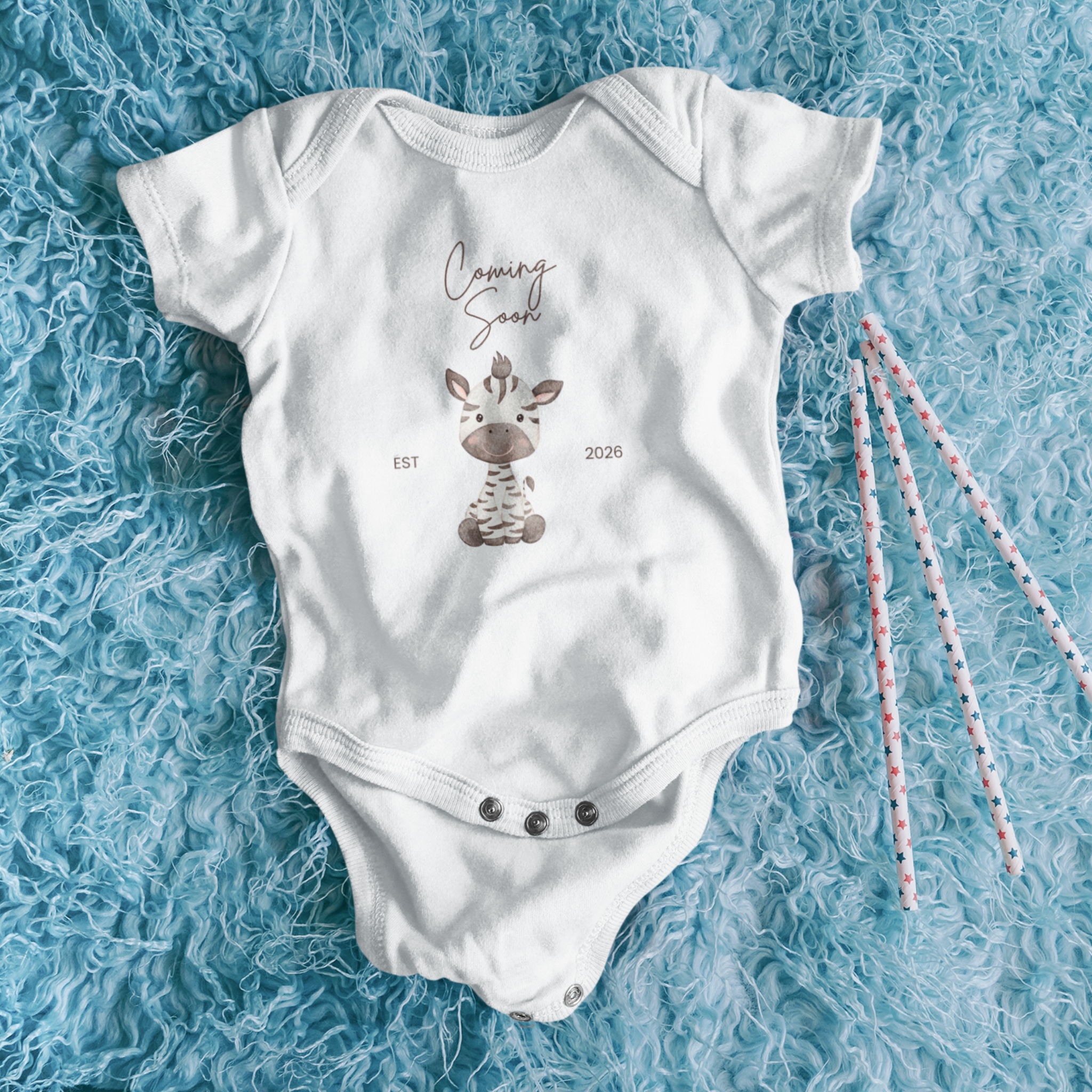Coming soon baby onesie with cute giraffe design for pregnancy announcement and baby shower gift