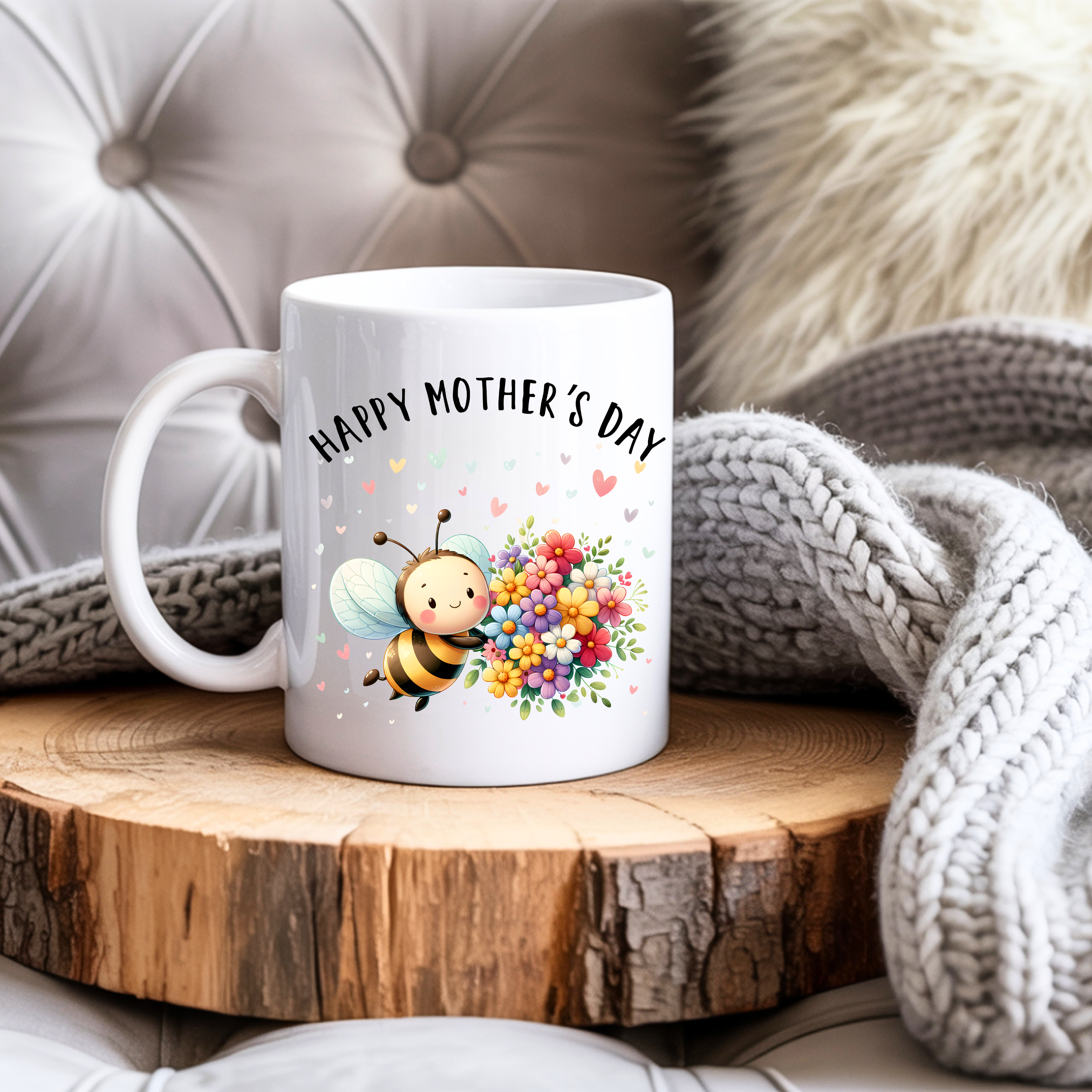 Cute bee mom mug with floral design on wooden table aesthetic