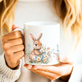 Cute bunny mug held in hand, spring coffee mug gift for mom, aesthetic bunny design mug, cozy coffee cup