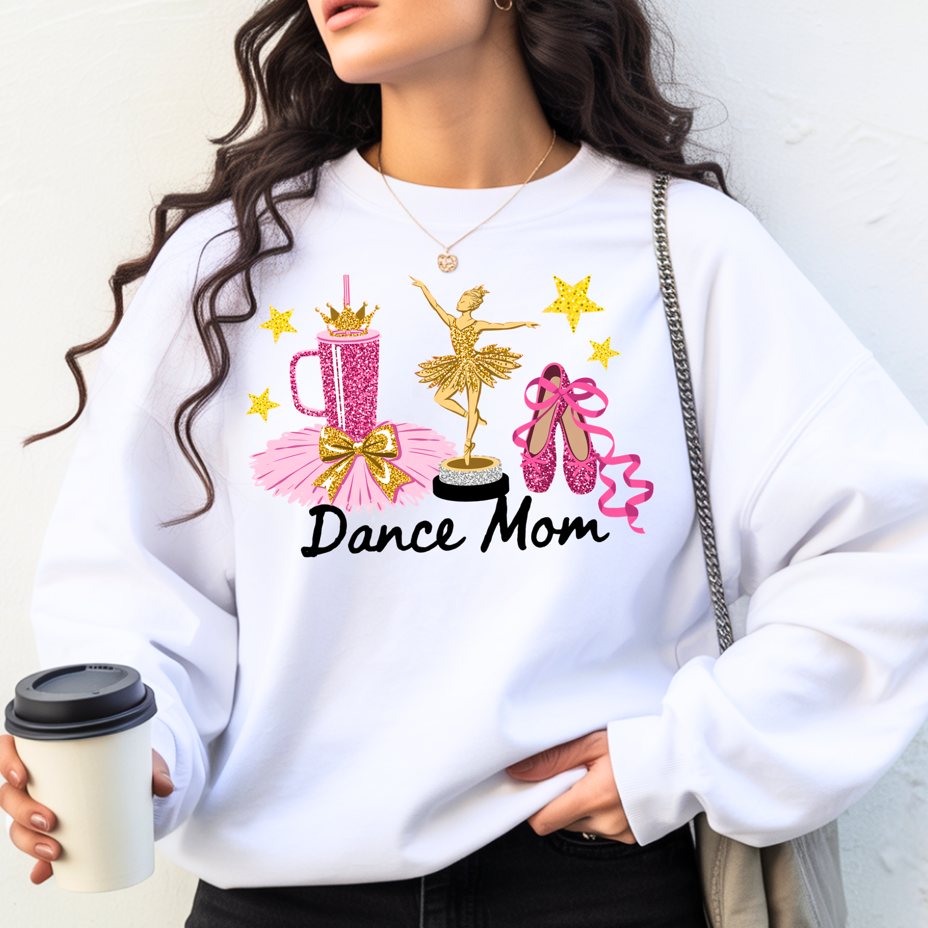 Dance mom sweatshirt white cozy lifestyle outfit with coffee perfect recital day mom look