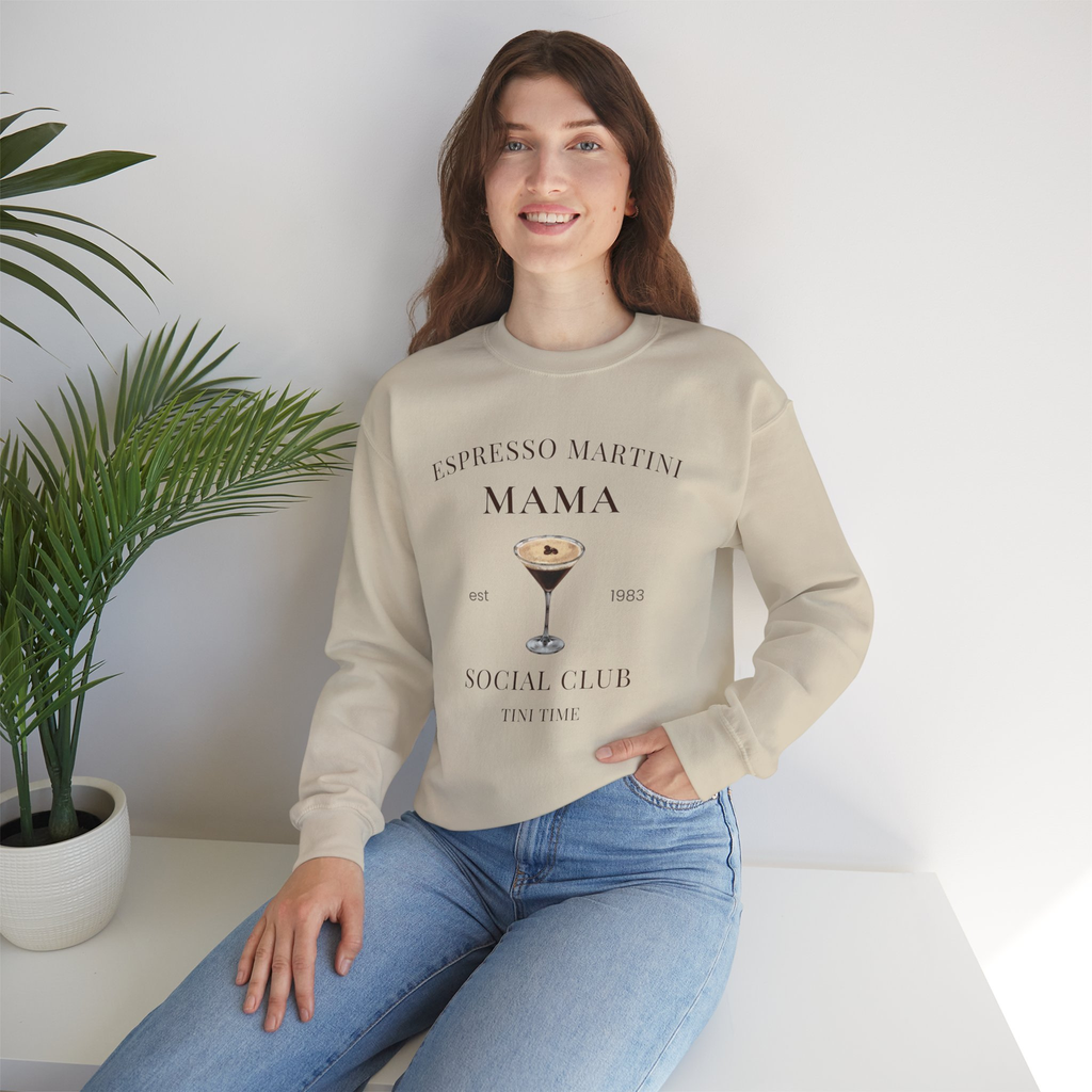 Full body view of Espresso Martini Mama sand crewneck sweatshirt for women