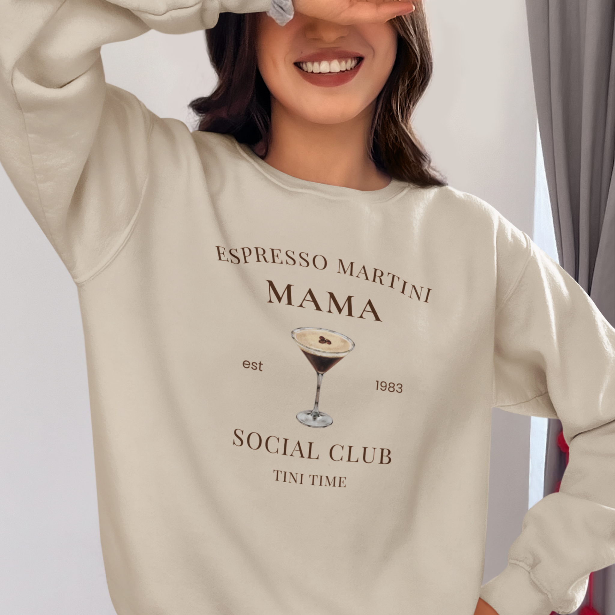 Woman wearing Espresso Martini Mama sand sweatshirt – cocktail mom graphic crewneck