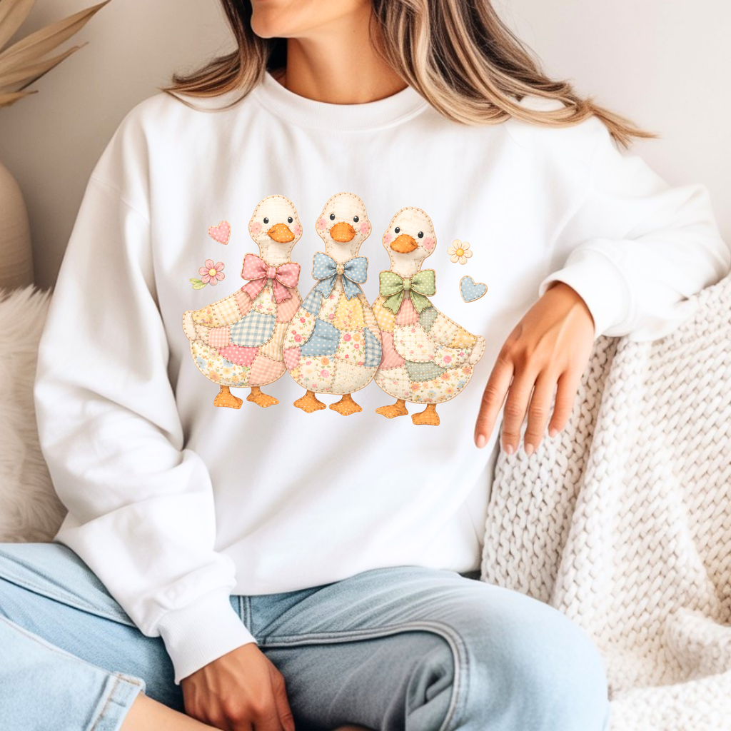 Faux patchwork duck sweatshirt with pastel coquette bows cottagecore aesthetic cute animal mom gift cozy crewneck